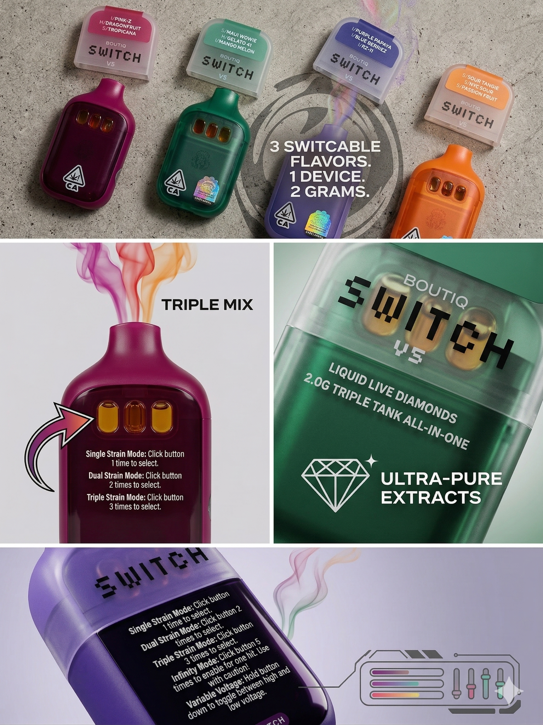 Boutiq Switch V5 - 3in1 - 3 flavor 2 gram vape